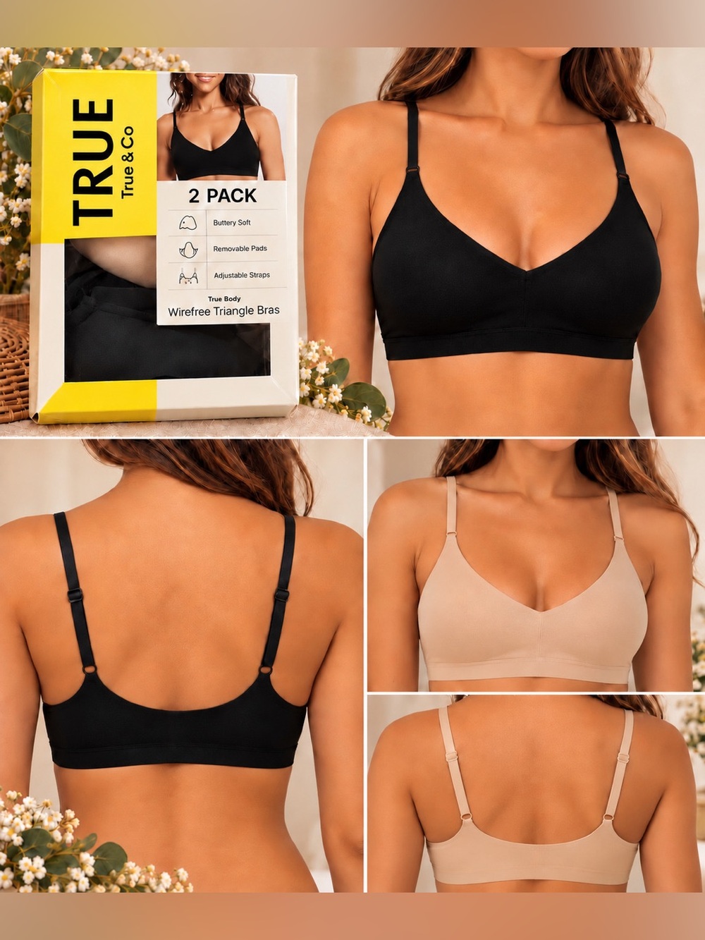 True & Co True Body Wirefree Triangle Bra 2-Pack Black & Beige- NWT - Various
